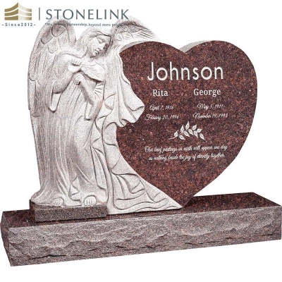 Leaning angel heart-shaped granite headstone