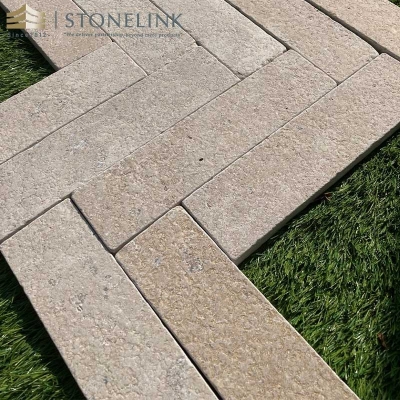 Acid tumbled beige limestone pavers